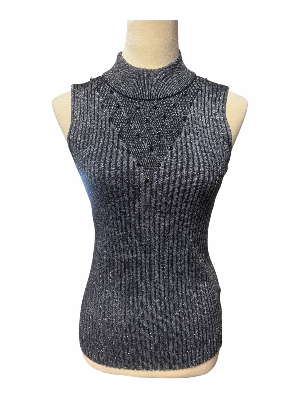 Carmen Marc Valvo Charcoal Metallic Sleeveless Mock Neck Top - Picture 1 of 7